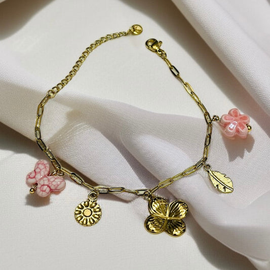 Pink & Gold Charms Chain Bracelet