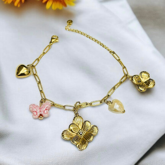 Pink & Gold Charms Chain Bracelet