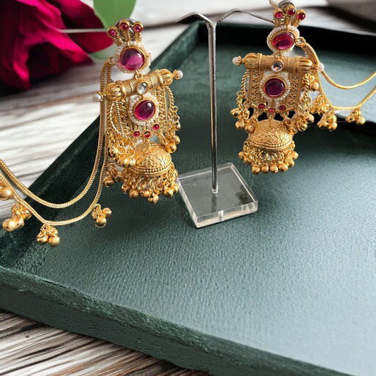 Gold Jhumka with Hair Chain Earrings