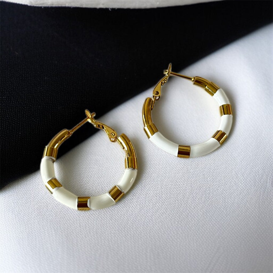 White & Gold Hoop Earrings