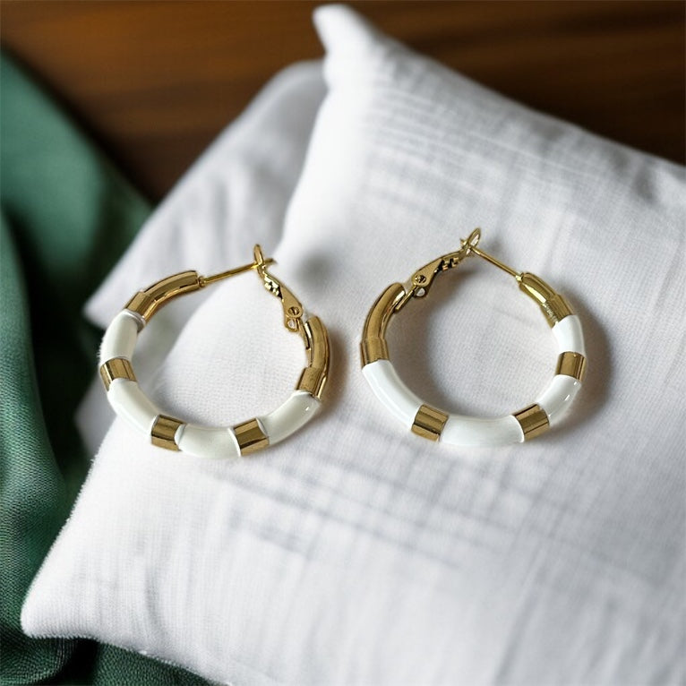 White & Gold Hoop Earrings