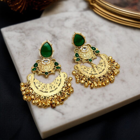 Stone Ghungroo Chandbali Earrings