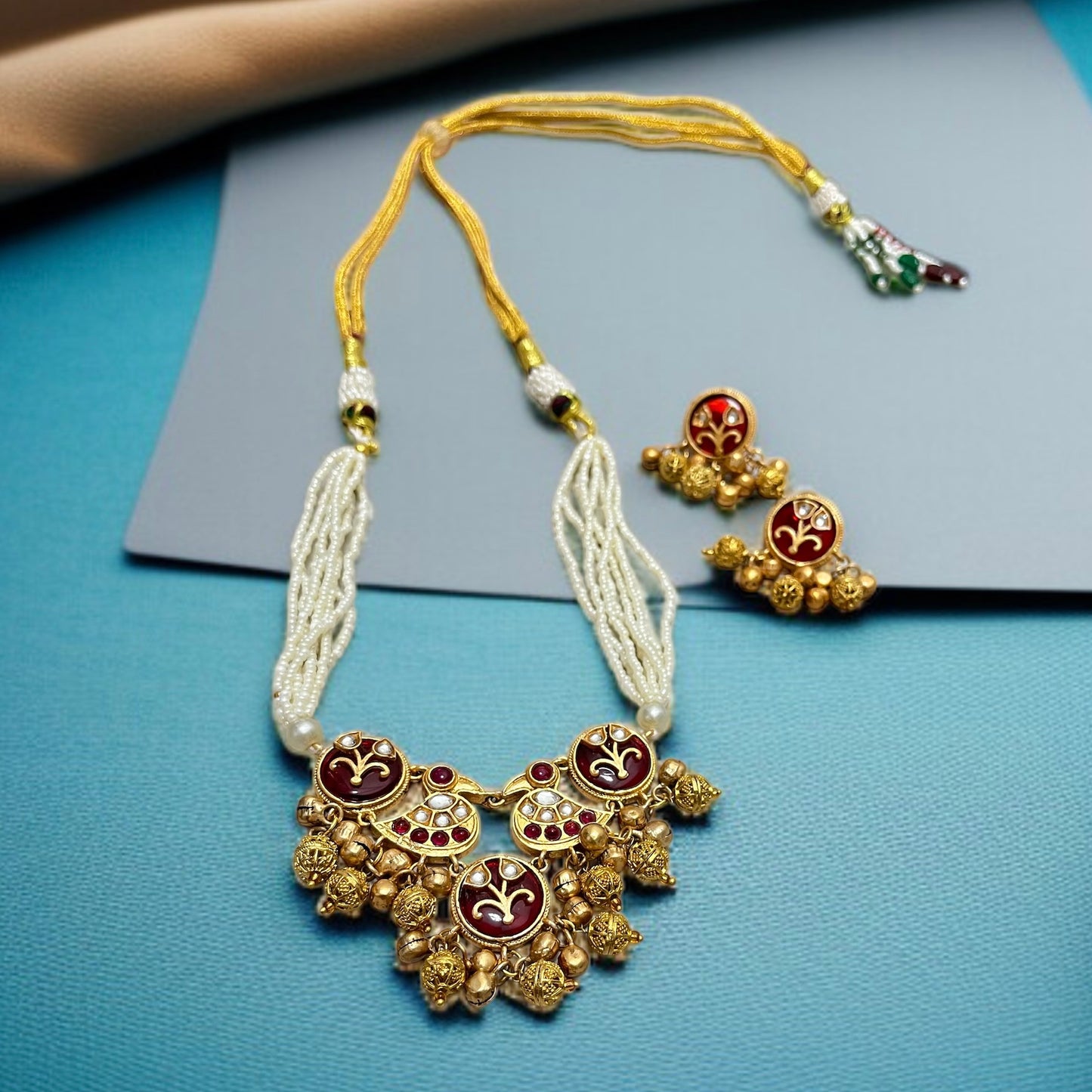 Red Stone Ghungroo Necklace Set