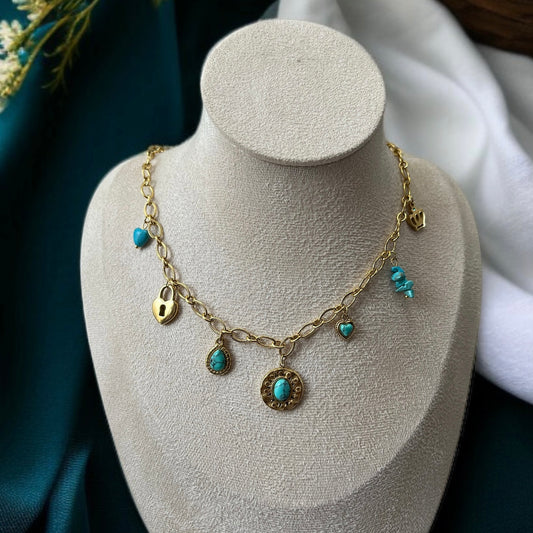 Turquoise Charms Link Chain Necklace