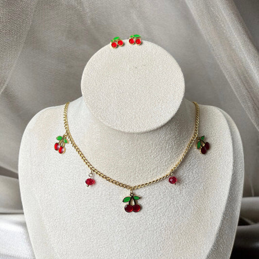 Cherry Studs Chain Necklace Combo