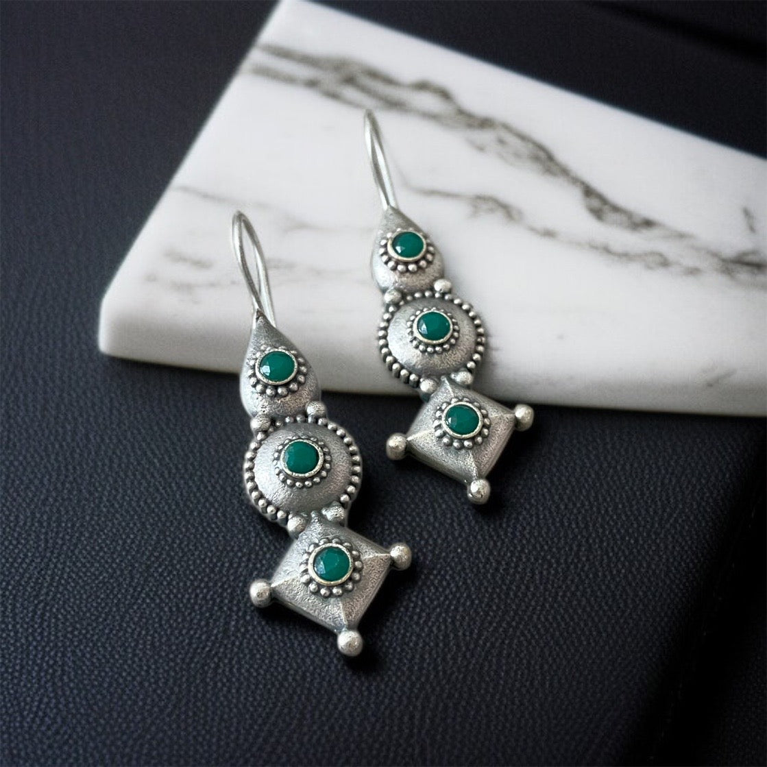 Green Silver Hooks Earring