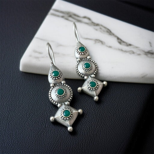 Green Silver Hooks Earring