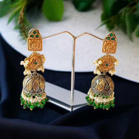 Mismatch Green Jhumkas Earring