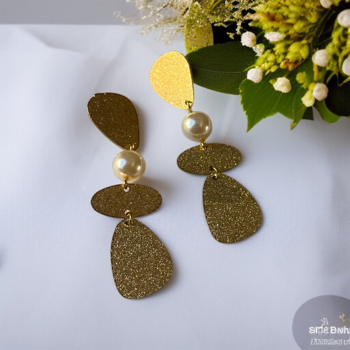 Shimmery Gold Pearl Dangler Earrings
