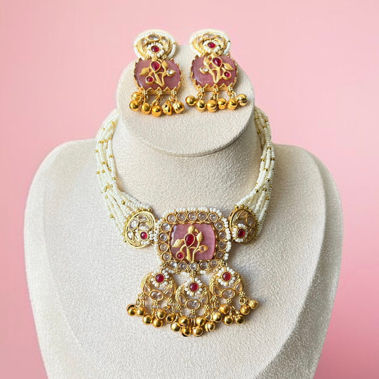 Pink Stone Ghungroo Necklace Set