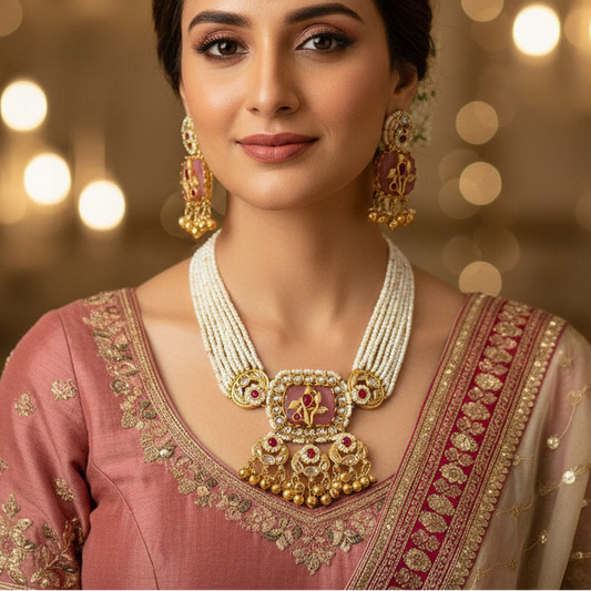 Pink Stone Ghungroo Necklace Set