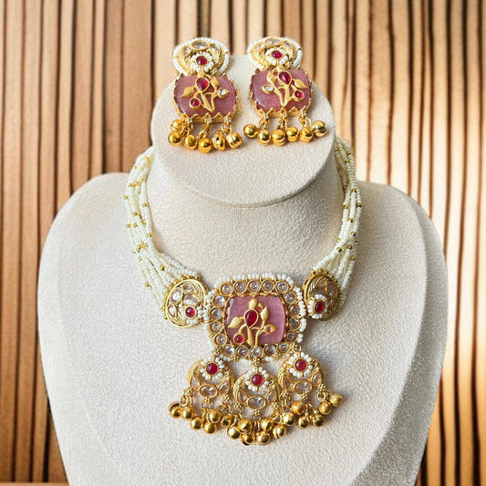 Pink Stone Ghungroo Necklace Set