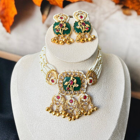 Green Stone Ghungroo Necklace Set