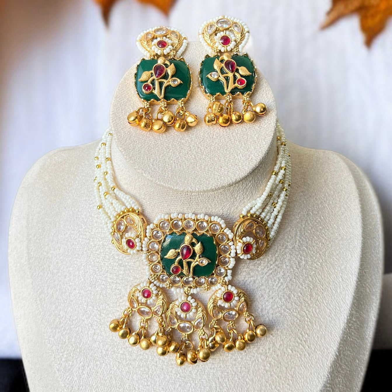 Green Stone Ghungroo Necklace Set