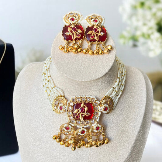 Red Stone Ghungroo Necklace Set