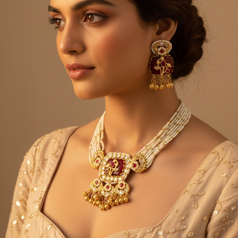 Red Stone Ghungroo Necklace Set
