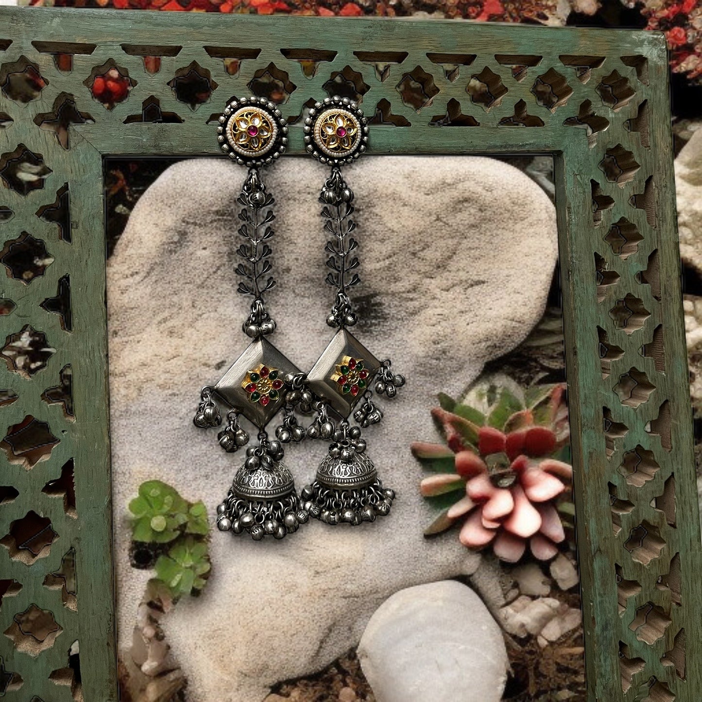 Long Silver Oxidised Earrings