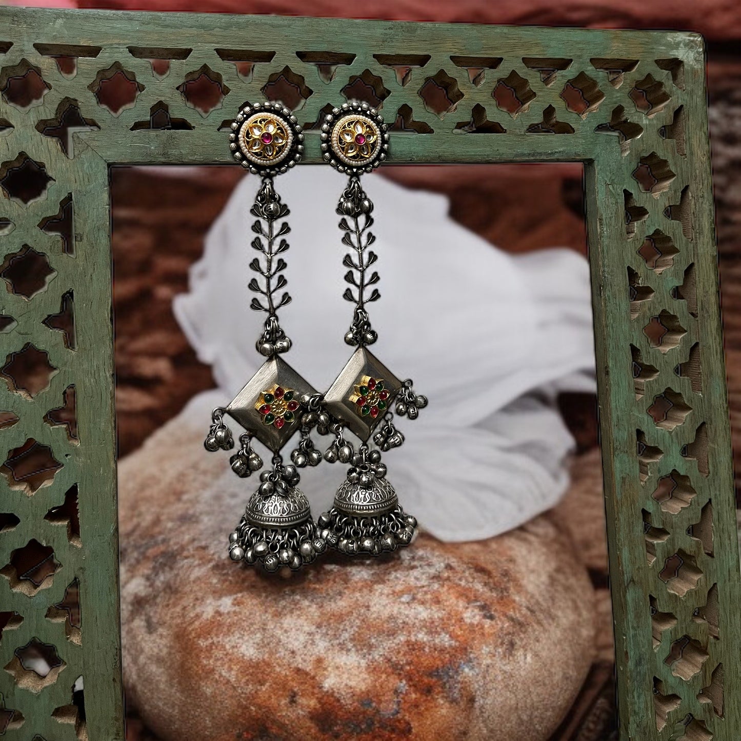 Long Silver Oxidised Earrings