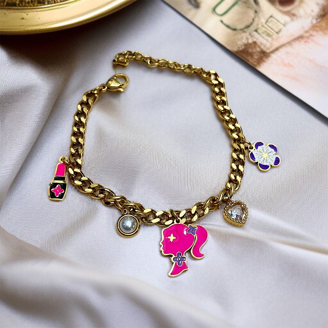 Pink Doll Charm Chain Bracelet