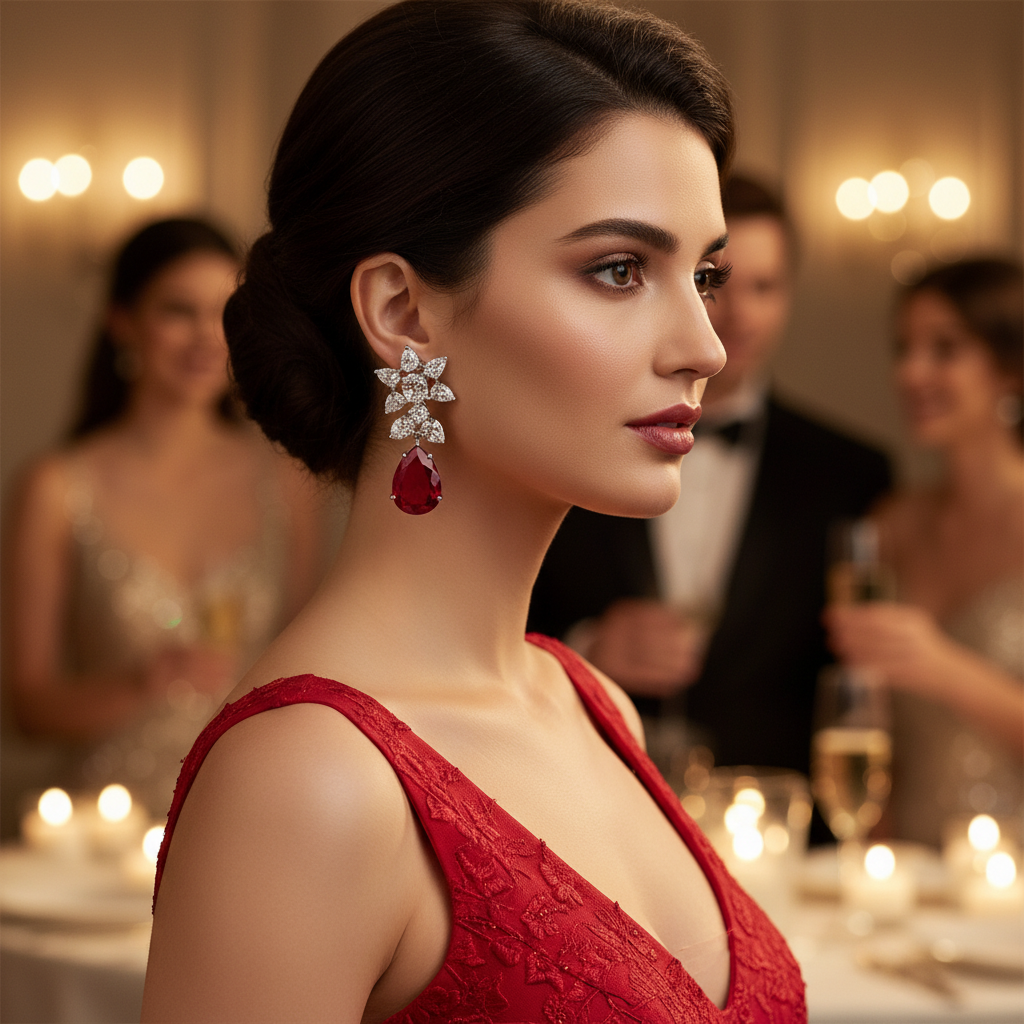 Red Rhodium Plated Earrings