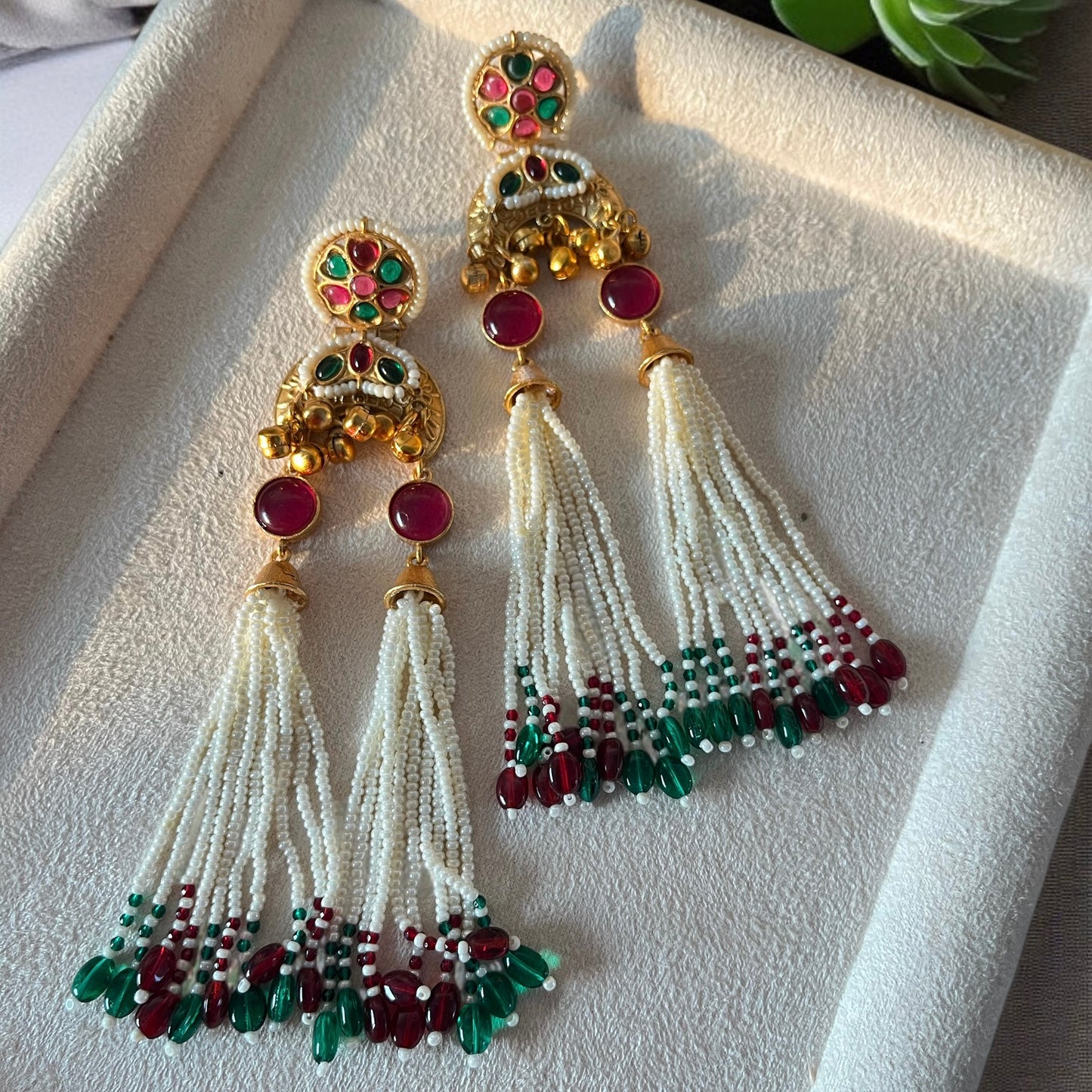 Green & Ruby Pink Pearl Drop Earring