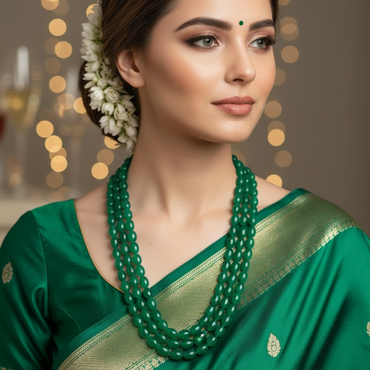3 Layered Green Beads Necklace
