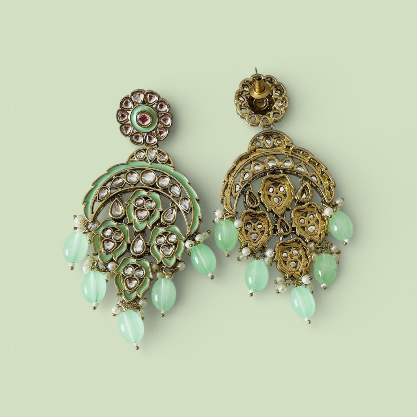 Mint Kundan Drop Earrings