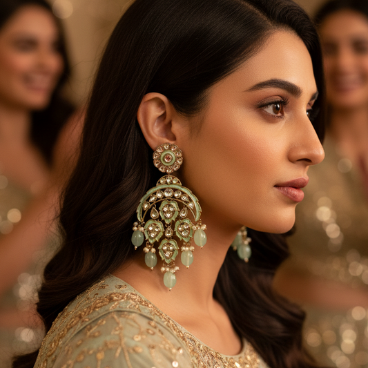 Mint Kundan Drop Earrings