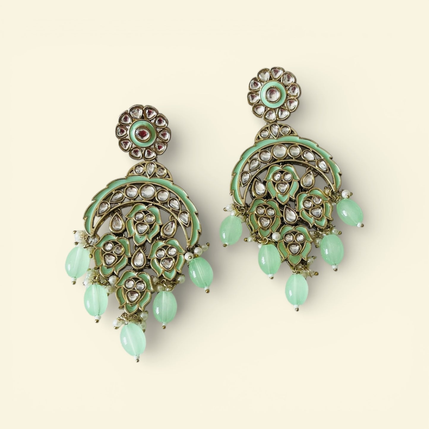 Mint Kundan Drop Earrings