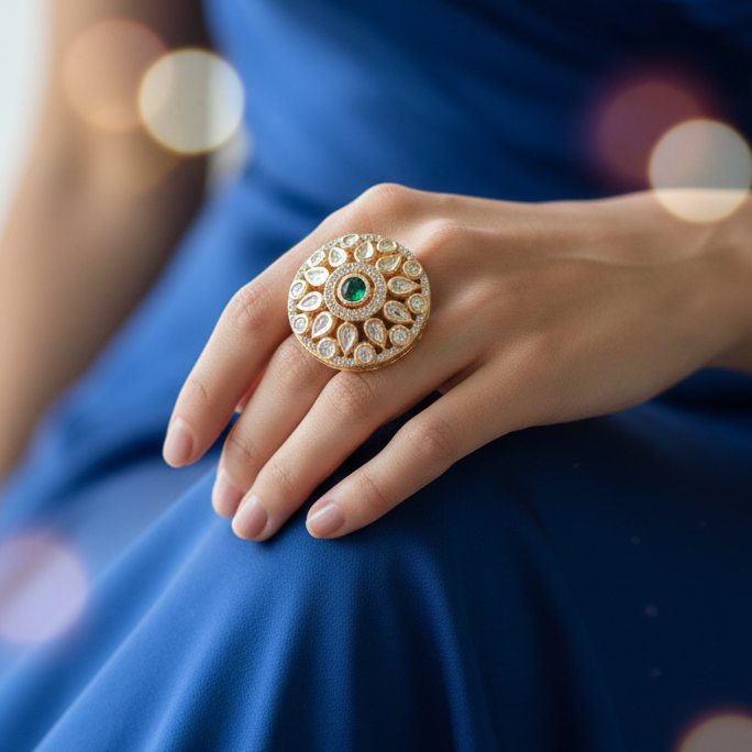 Green Stone Kundan Ring