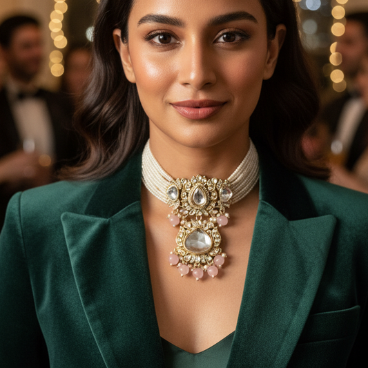 Kundan Beaded Maang Tikka Necklace Set