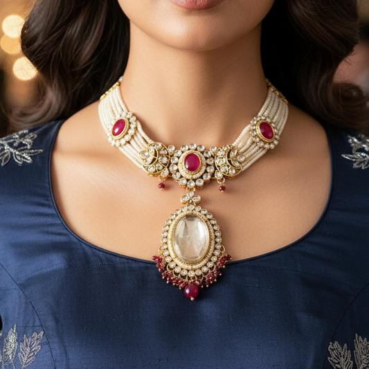 Kundan Chid Pearl Necklace Set