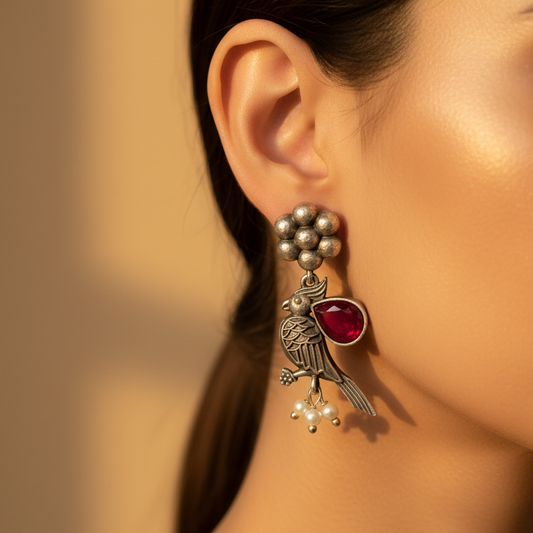 Bird Silver Oxidised Earrings