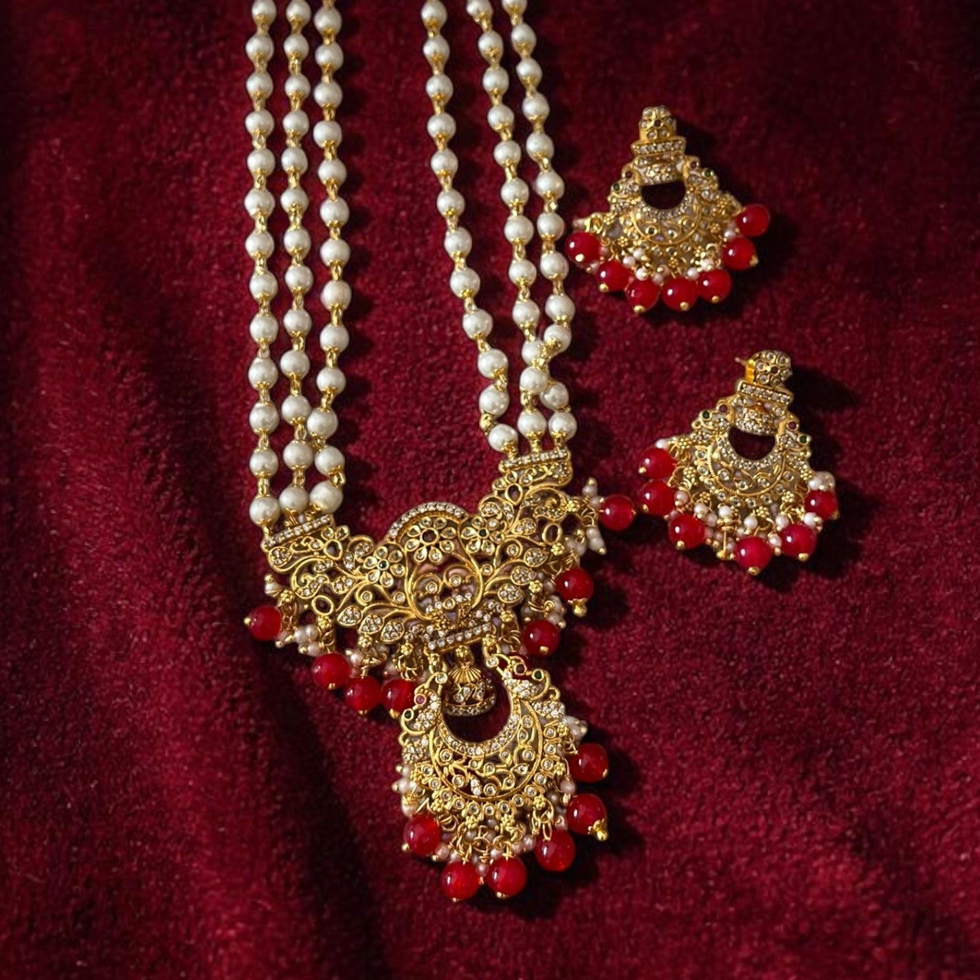 Pearl with AD Long Necklace Set