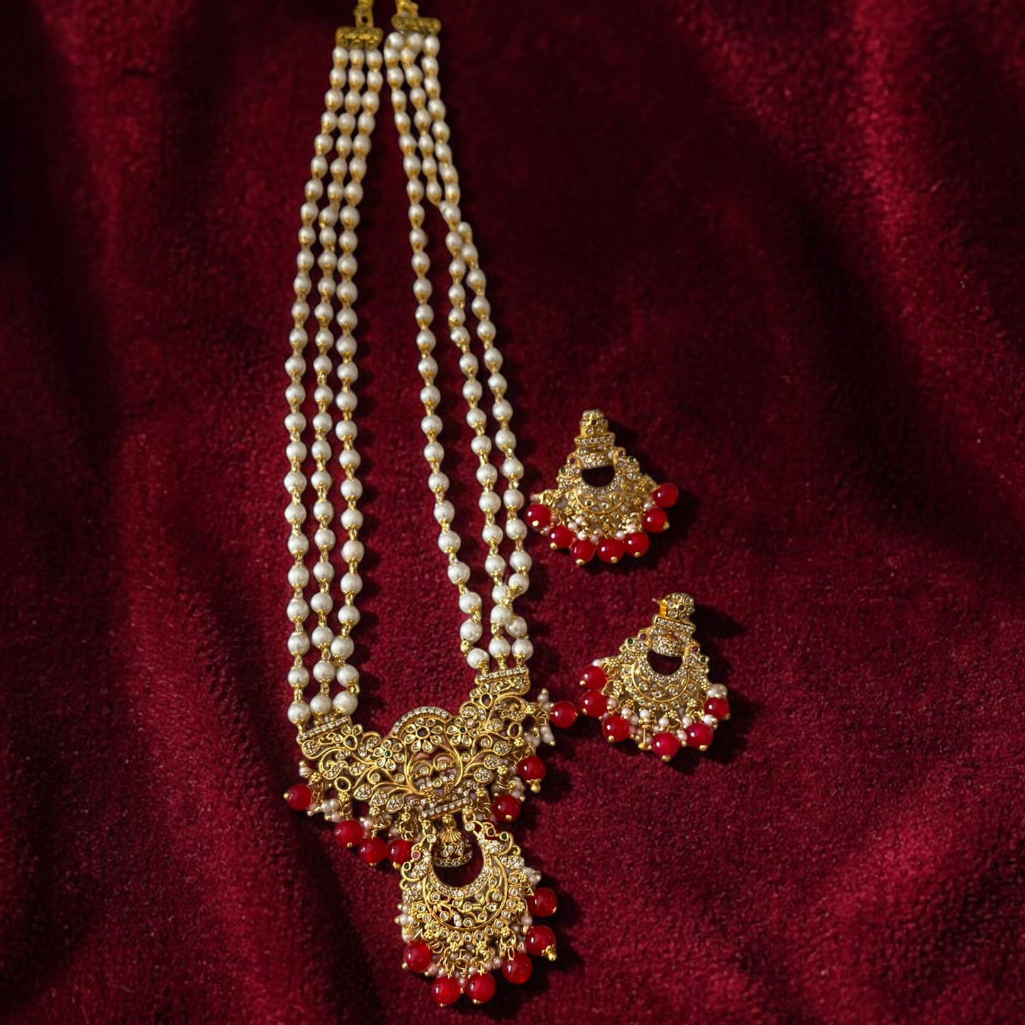 Pearl with AD Long Necklace Set
