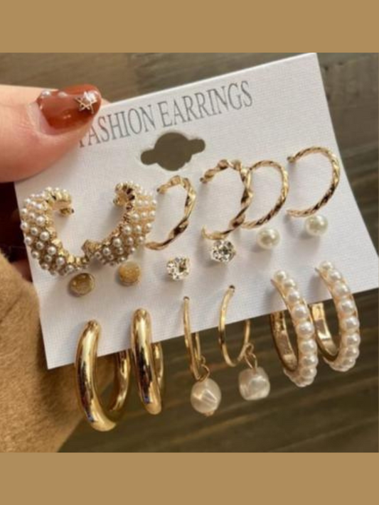 Set of 9 Gold Chunky Pearl Hoops and Studs