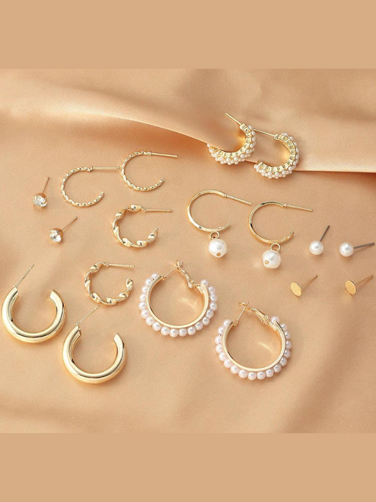 Set of 9 Gold Chunky Pearl Hoops and Studs