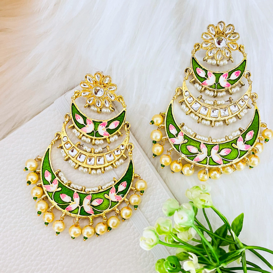 Green Meenakari Chandbali Earrings